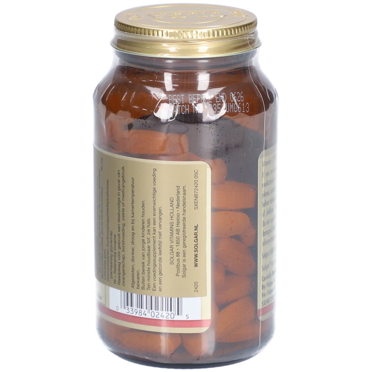 Vista posteriore del flacone di vetro marrone. Etichetta con informazioni sul prodotto e ingredienti. Contenuto: compresse.