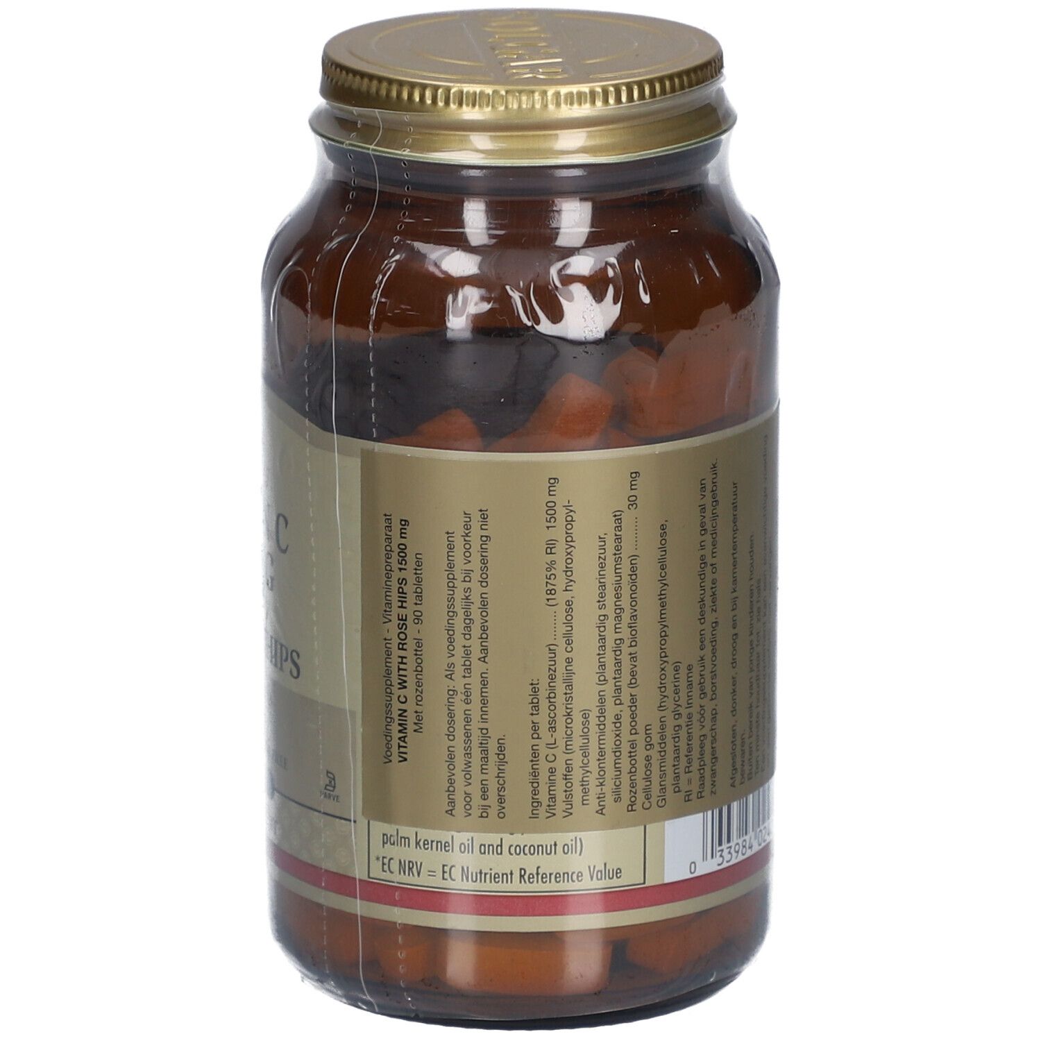 Vista posteriore del flacone di vetro marrone. Etichetta con informazioni sul prodotto e ingredienti. Contenuto: compresse.