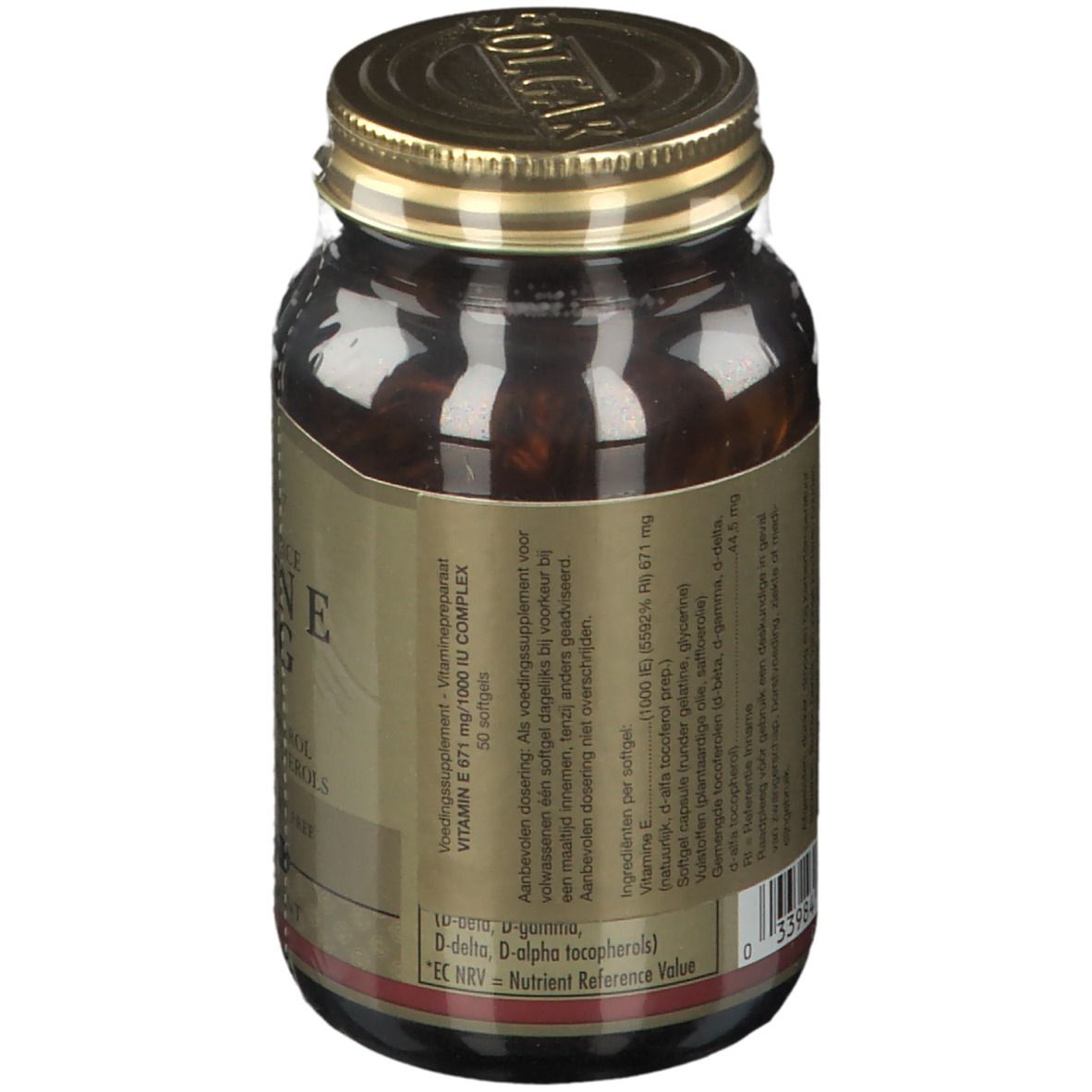 Retro di un flacone di vetro marrone. Etichetta con informazioni nutrizionali e ingredienti. "Vitamin E 671 mg" e "Solgar".