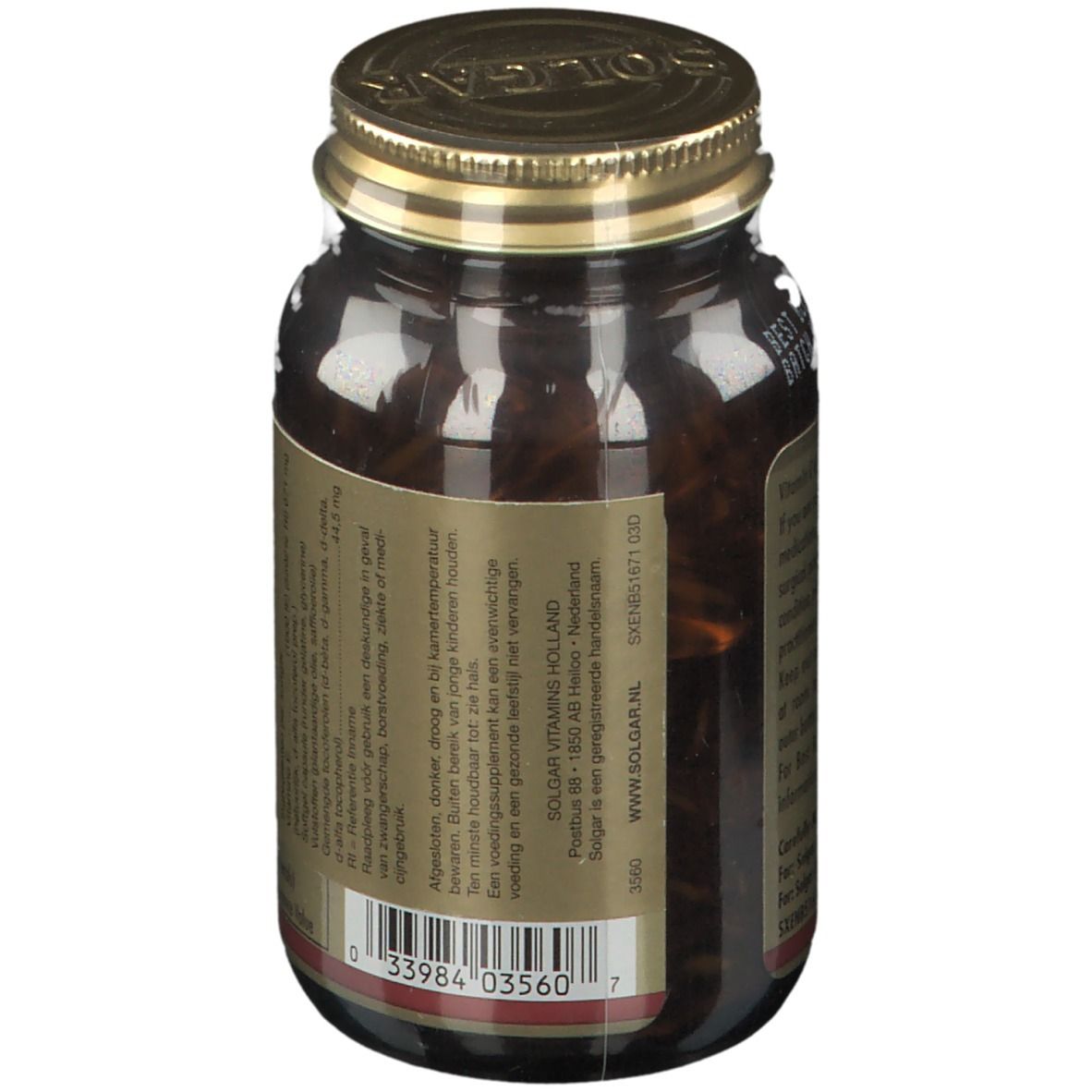 Vista posteriore di un flacone di vetro marrone. Etichetta con codice a barre e informazioni sul produttore. "Solgar Vitamins Holland".