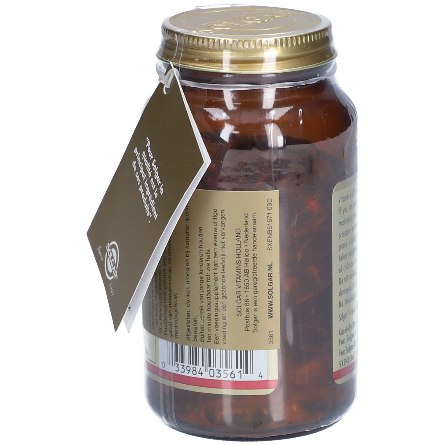 Flacone di vetro marrone con coperchio dorato. Cartellino con testo e logo.