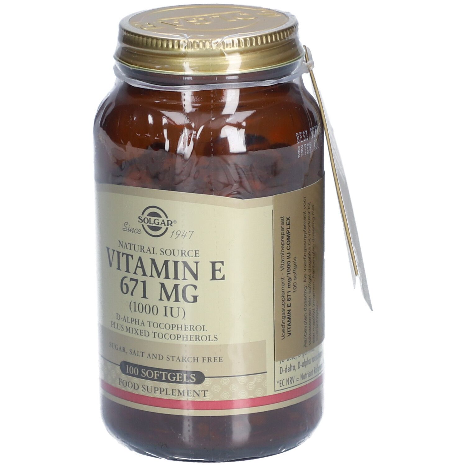 Flacone di vetro marrone con coperchio dorato. Etichetta: Vitamina E 671 mg, 100 softgels. Cartellino con logo.