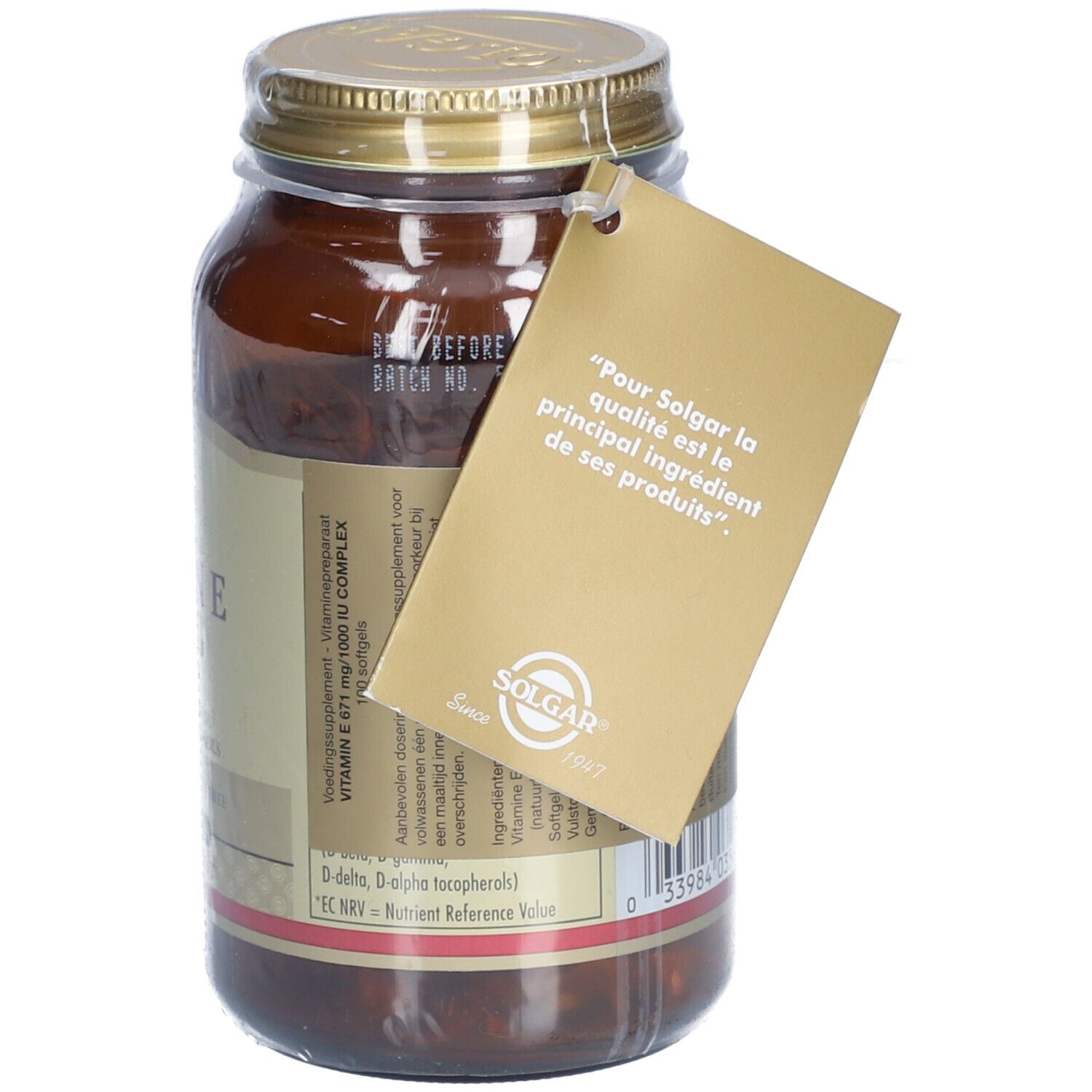 Flacone di vetro marrone con coperchio dorato. Cartellino con testo e logo.