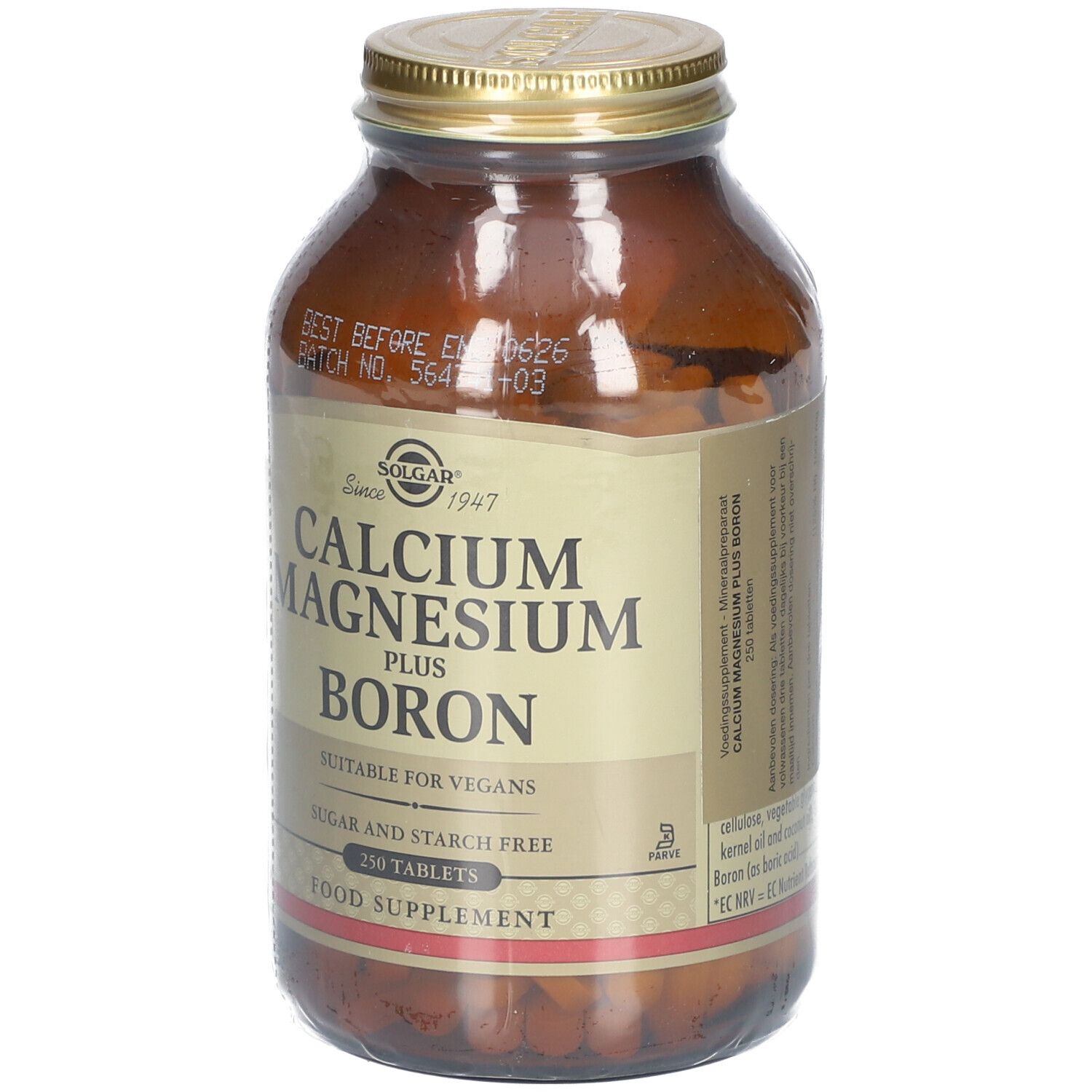 Bottiglia di vetro marrone con tappo dorato. Etichetta con nome del prodotto: Calcium Magnesium Plus Boron. 250 compresse. Adatto ai vegani.