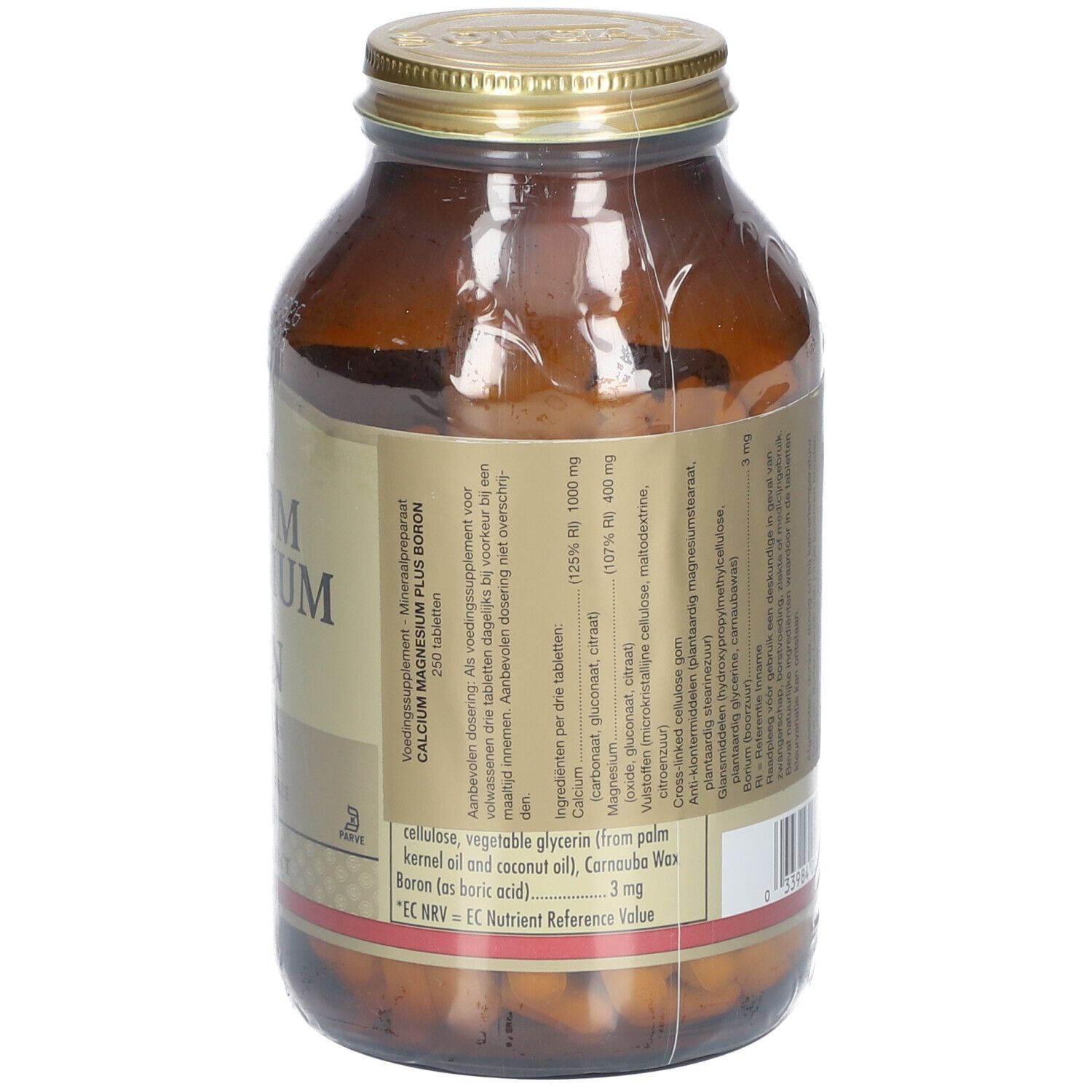 Retro di una bottiglia di vetro marrone. Etichetta con informazioni sul prodotto e dettagli del produttore. Contiene Calcium Magnesium Plus Boron.