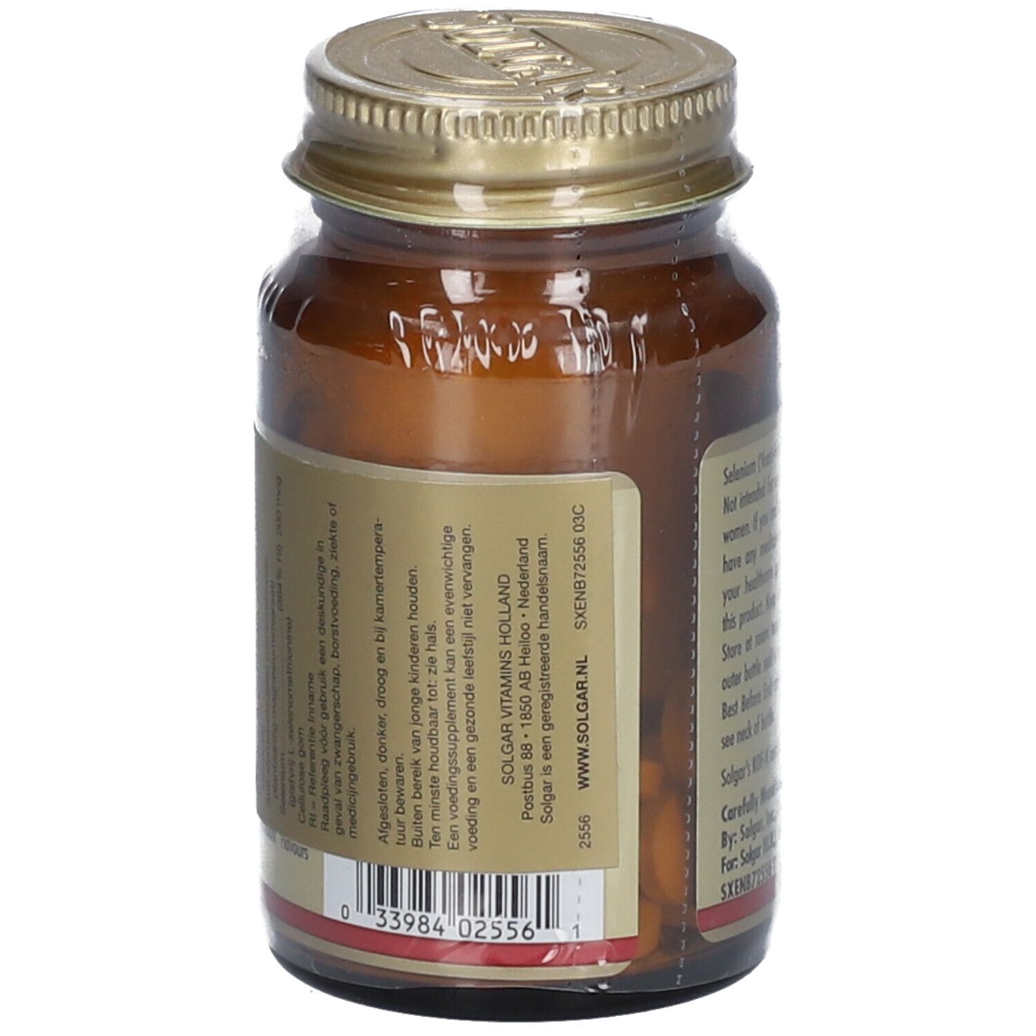 Flacone di vetro marrone con tappo dorato. Etichetta con informazioni. Confezionato in modo trasparente.