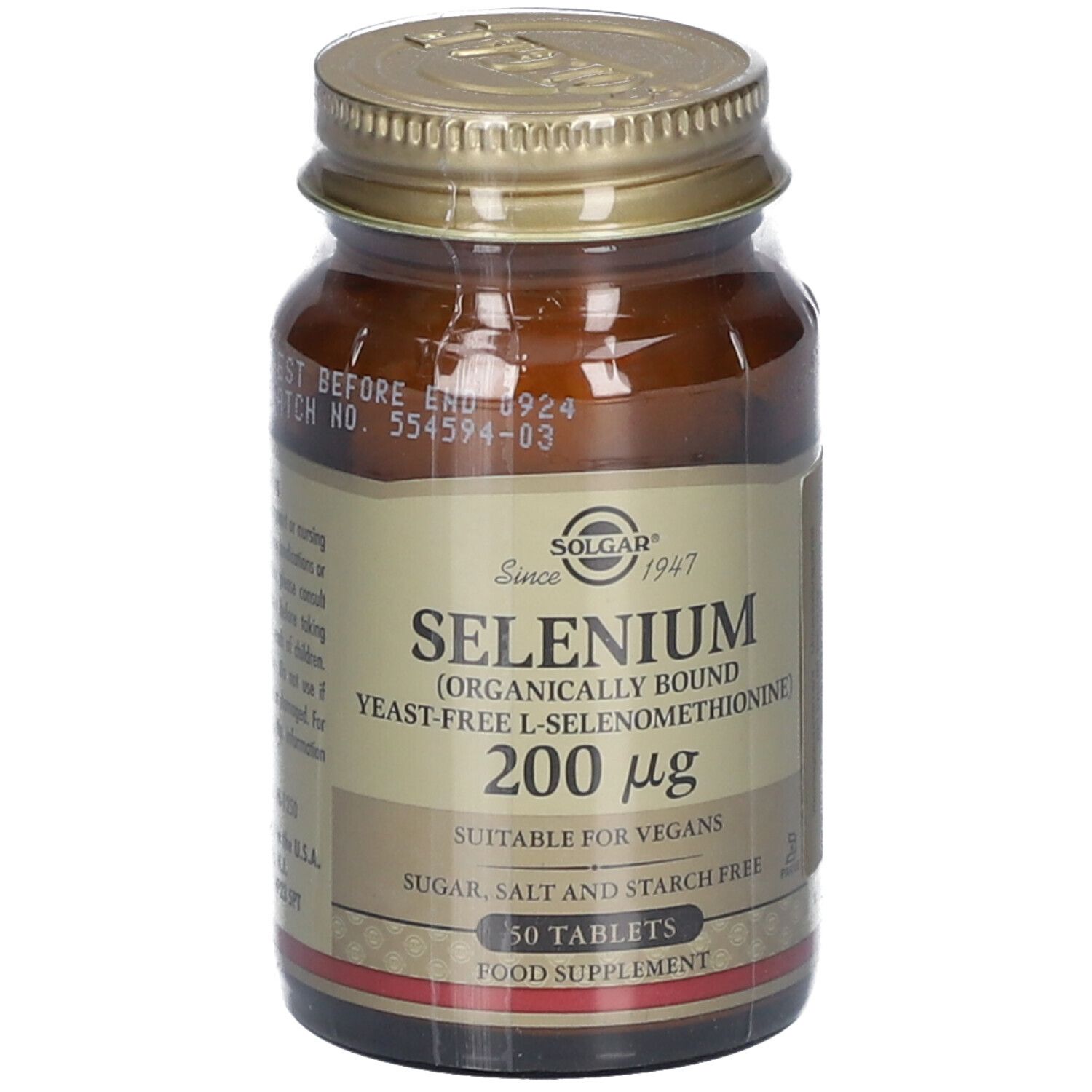 Flacone di vetro marrone con tappo dorato. Etichetta "Solgar Sélénium 200 mcg". 50 compresse. Adatto ai vegani.