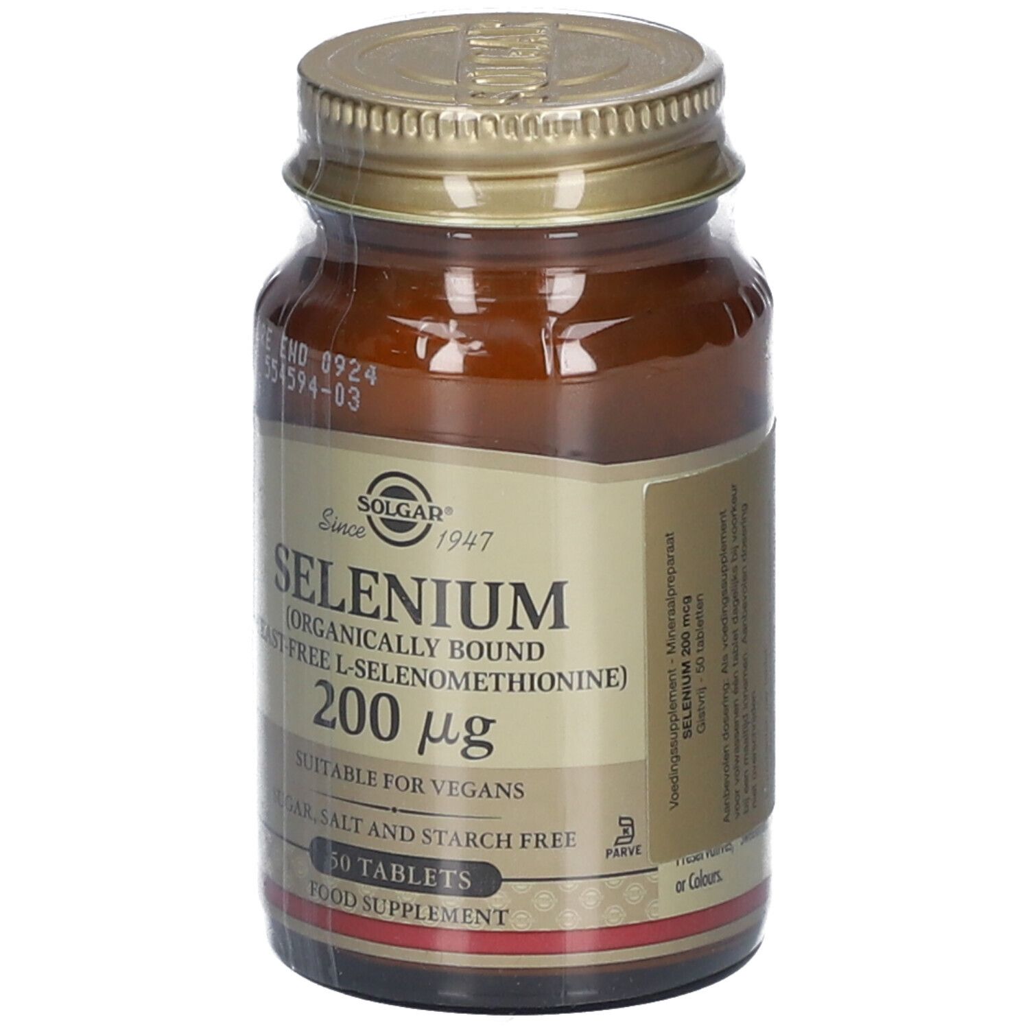 Flacone di vetro marrone con tappo dorato. Etichetta "Solgar Sélénium 200 mcg". 50 compresse. Confezionato in modo trasparente.