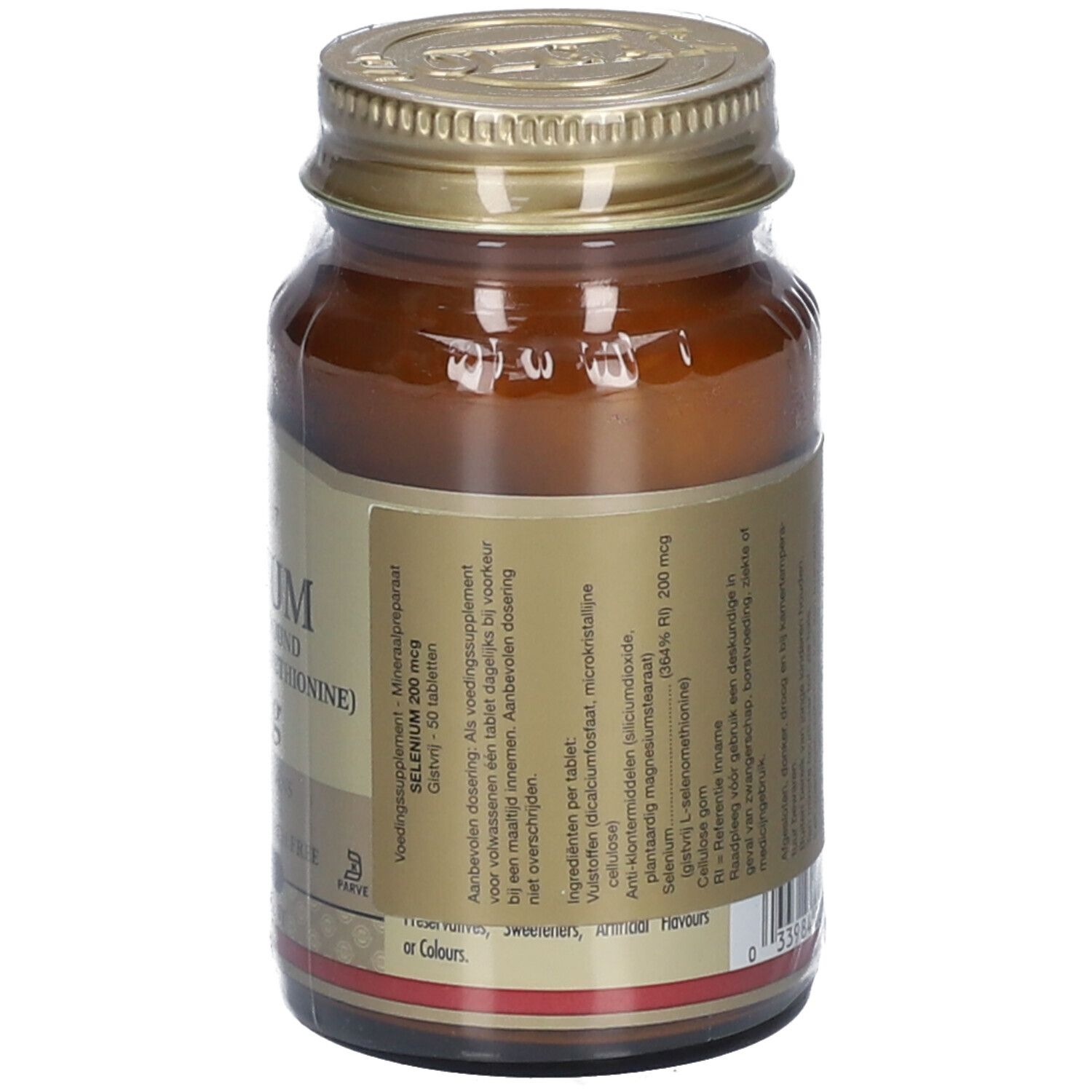 Retro del flacone di vetro marrone. Informazioni sugli ingredienti e il dosaggio. Confezionato in modo trasparente.