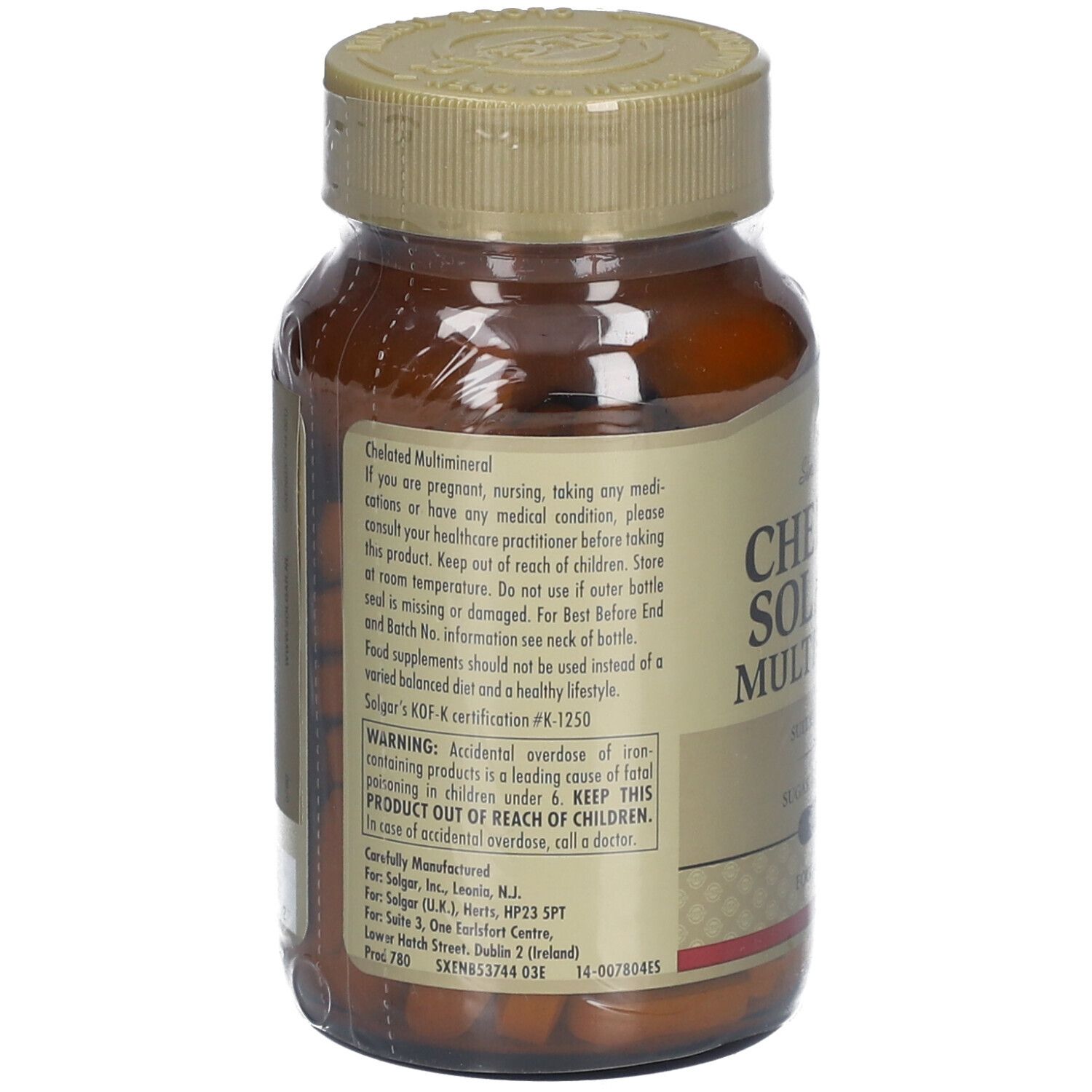 Retro del flacone di vetro marrone Solgar Chelated Solamins Multimineral. Testo con informazioni sul prodotto.