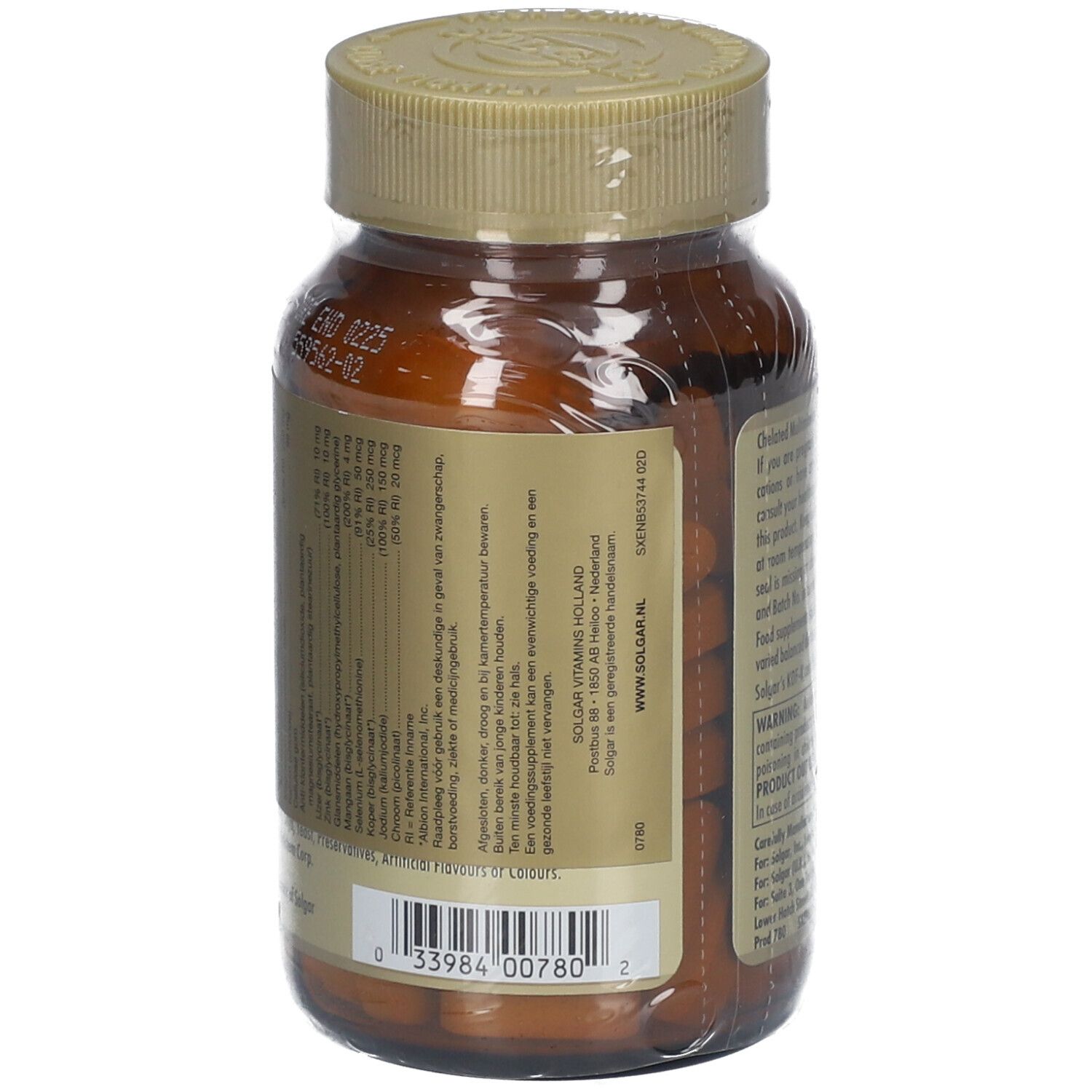 Retro del flacone di vetro marrone Solgar Chelated Solamins Multimineral. Etichetta con ingredienti e informazioni produttore.