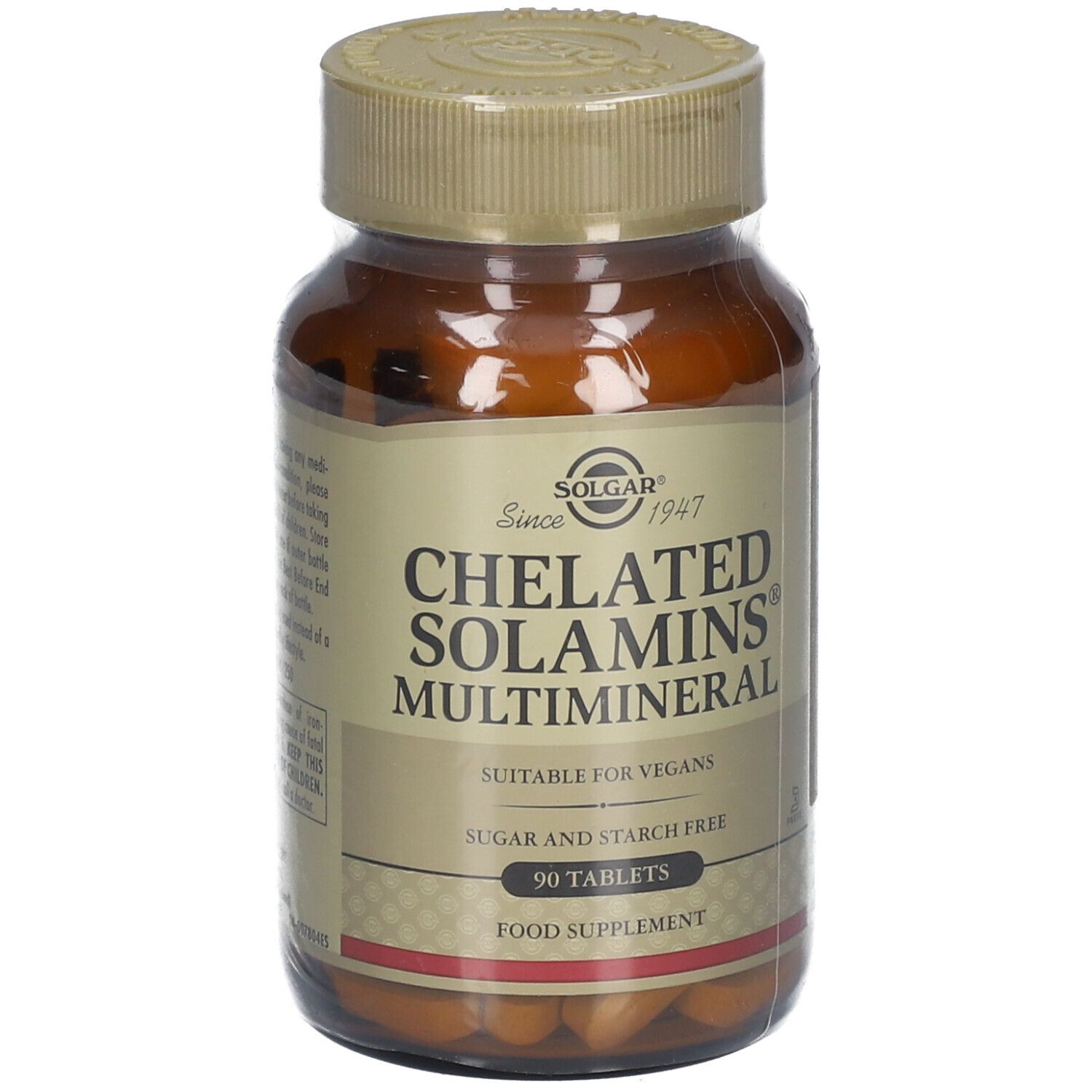 Flacone di vetro marrone Solgar Chelated Solamins Multimineral. Scritta: 90 compresse, adatto ai vegani. Primo piano.