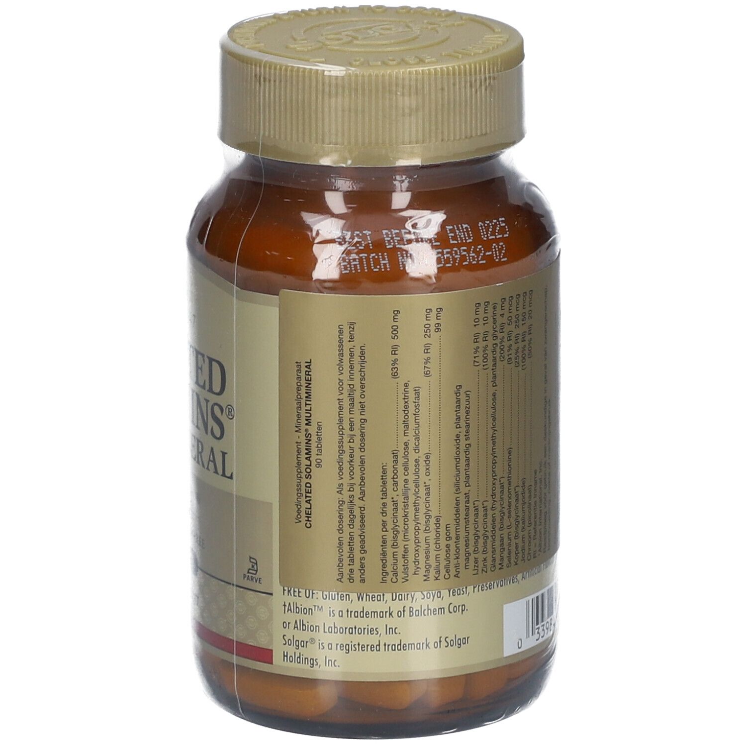 Retro del flacone di vetro marrone Solgar Chelated Solamins Multimineral. Etichetta con ingredienti e informazioni produttore.