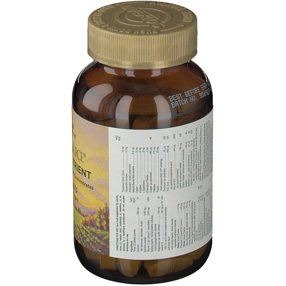 Vista posteriore di un flacone di vetro marrone con tappo dorato. Etichetta con informazioni nutrizionali e data di scadenza.