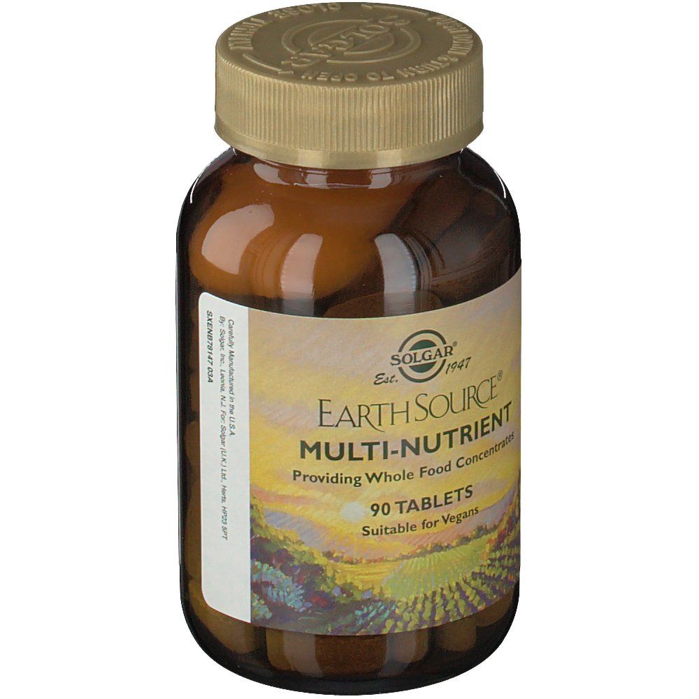 Flacone di vetro marrone con tappo dorato. Etichetta "Earth Source Multi-Nutrient" e "90 compresse". Adatto ai vegani.