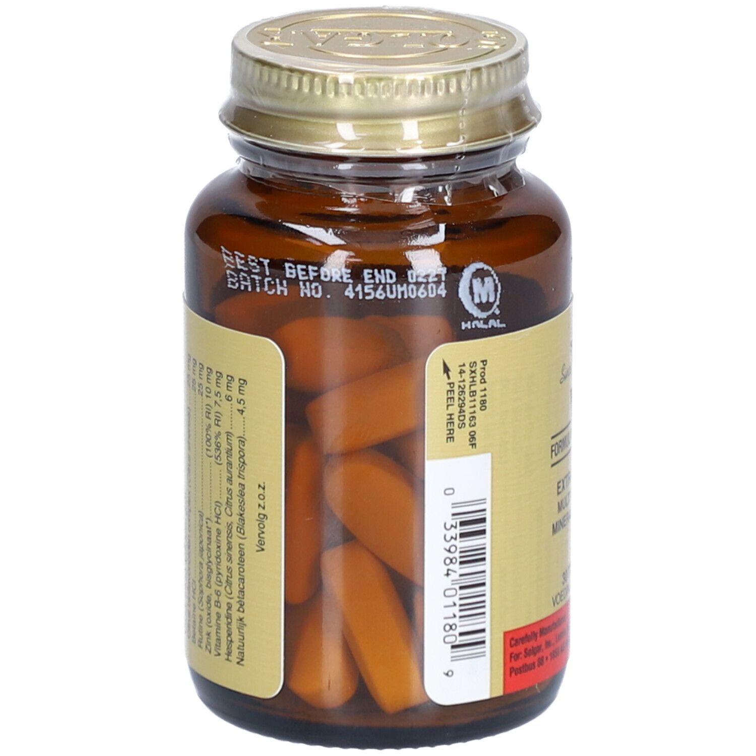 Vista posteriore di un flacone di vetro marrone con tappo dorato. Etichetta con informazioni sul prodotto e codice a barre. Contiene compresse.