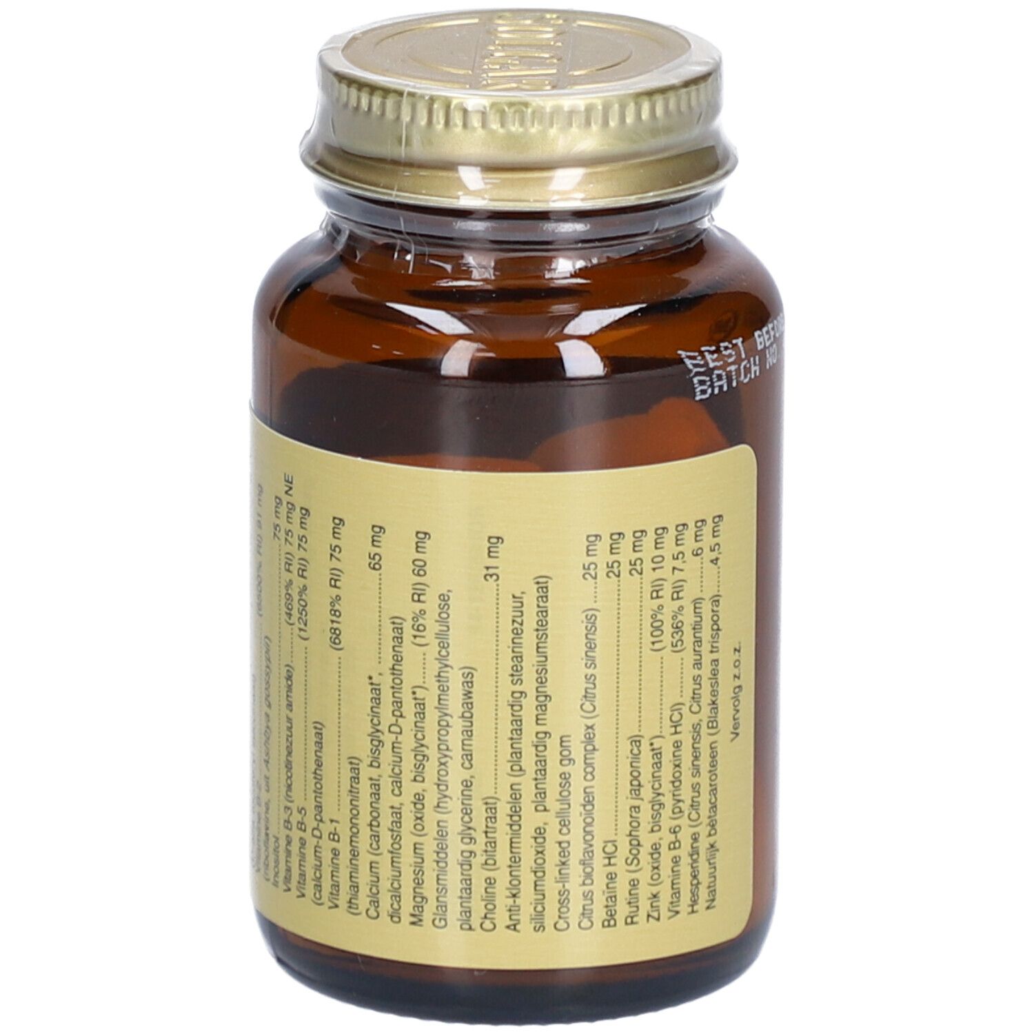 Vista posteriore di un flacone di vetro marrone con tappo dorato. Etichetta con informazioni nutrizionali. Contiene compresse.