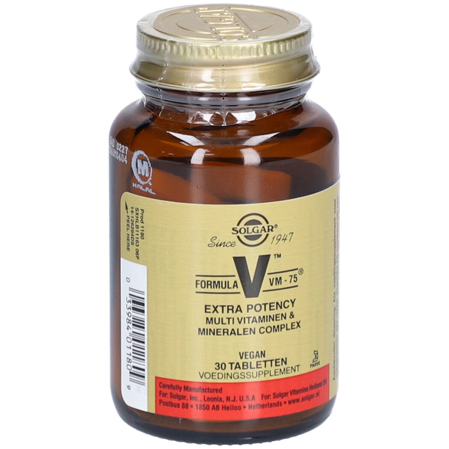 Flacone di vetro marrone con tappo dorato. Etichetta con informazioni sul prodotto e logo Solgar. Contiene compresse.