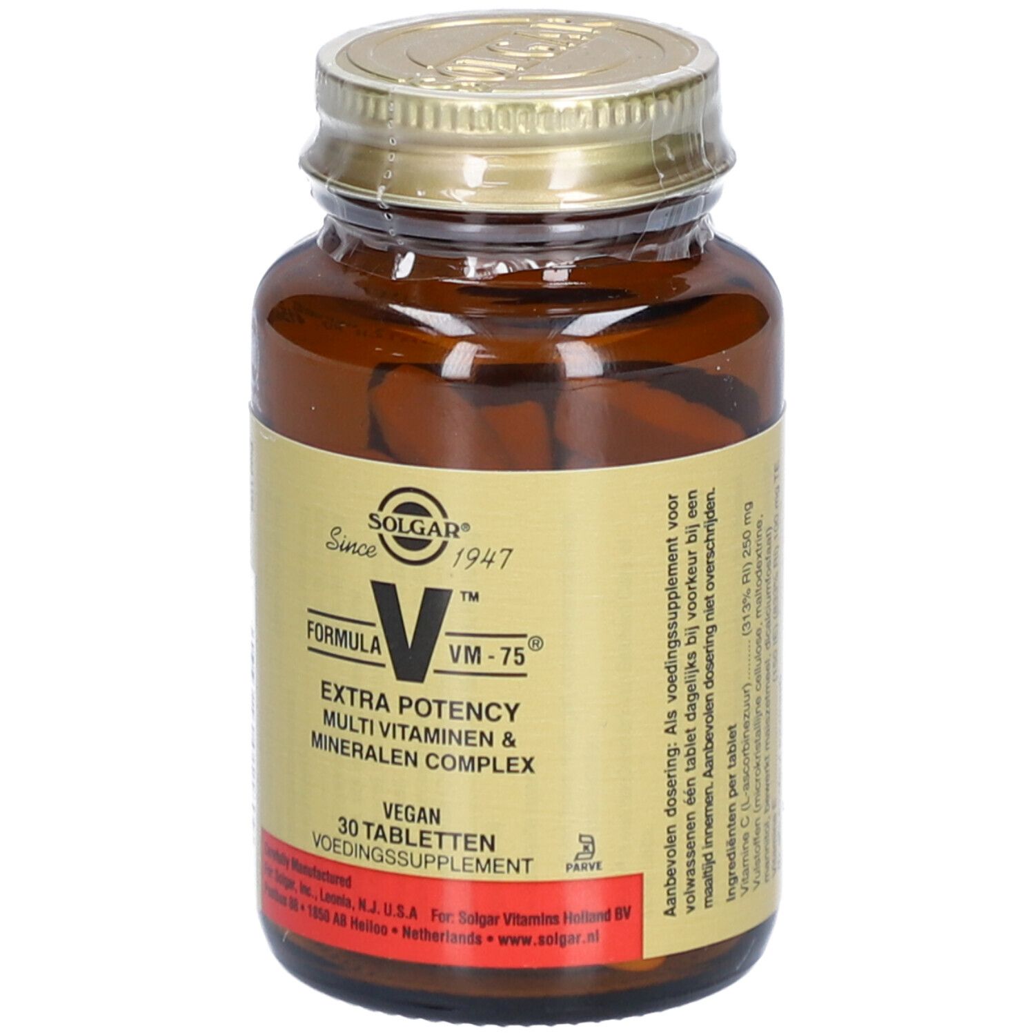 Flacone di vetro marrone con tappo dorato. Etichetta con informazioni sul prodotto e logo Solgar. Contiene compresse.