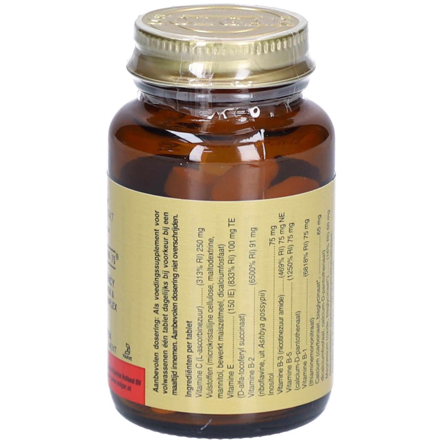 Vista posteriore di un flacone di vetro marrone con tappo dorato. Etichetta con informazioni nutrizionali. Contiene compresse.