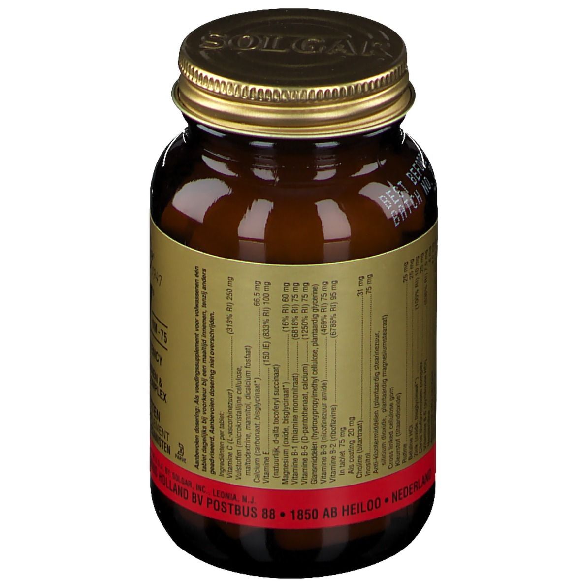 Retro del flacone di vetro marrone. Etichetta con informazioni nutrizionali. Testo: Multi-Vitamine & Minerali Complex. Fabbricato negli Stati Uniti.