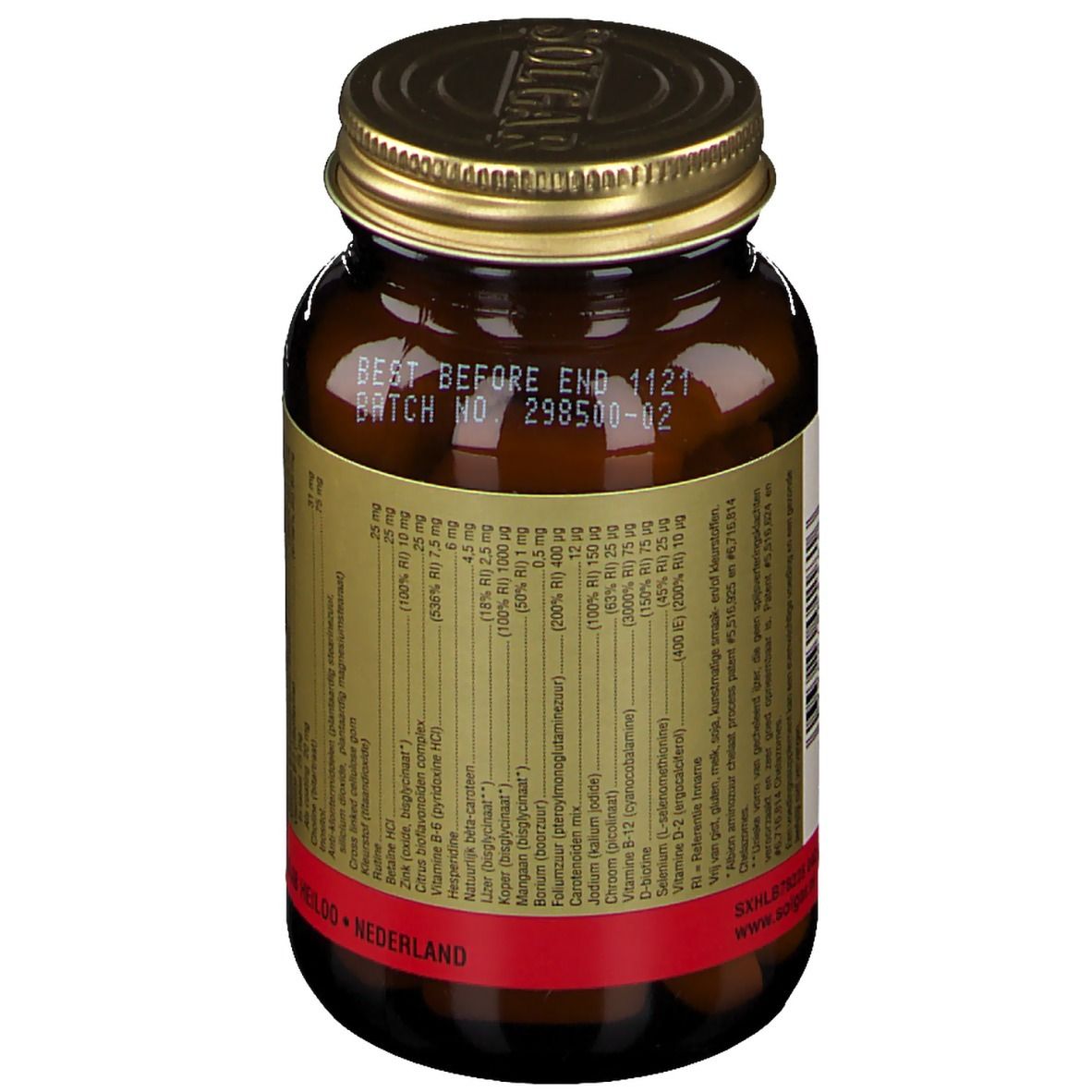 Retro del flacone di vetro marrone. Etichetta con informazioni nutrizionali e data di scadenza. Testo: Multi-Vitamine & Minerali Complex.