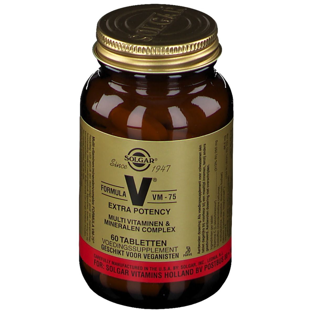 Flacone di vetro marrone con coperchio dorato. Etichetta con testo: VM-75, Multi Vitamine & Minerali Complex. 60 compresse. Vegano.