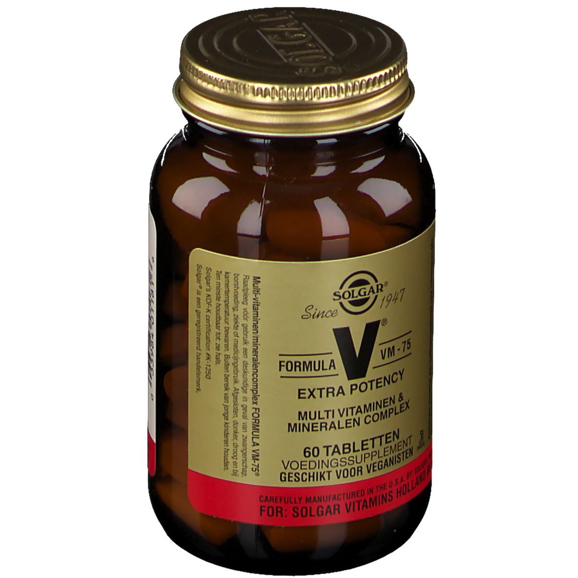 Flacone di vetro marrone con coperchio dorato. Etichetta con testo: VM-75, Multi Vitamine & Minerali Complex. 60 compresse. Vegano.