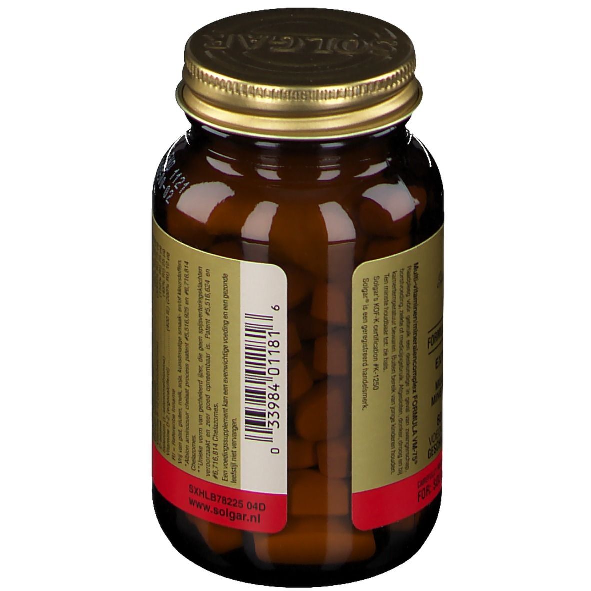 Flacone di vetro marrone con coperchio dorato. Etichetta con codice a barre e testo. Testo: Multi-Vitamine & Minerali Complex. 60 compresse.