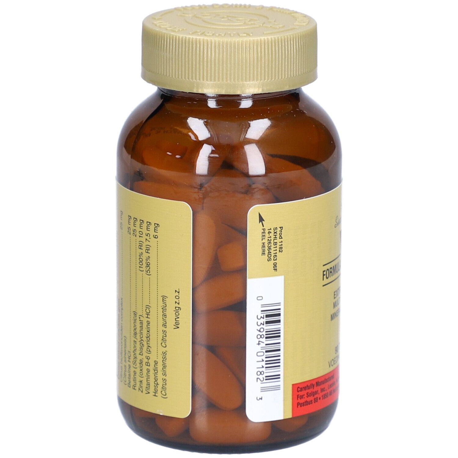 Vista posteriore del flacone di vetro marrone. Etichetta con ingredienti e informazioni nutrizionali. Compresse visibili.