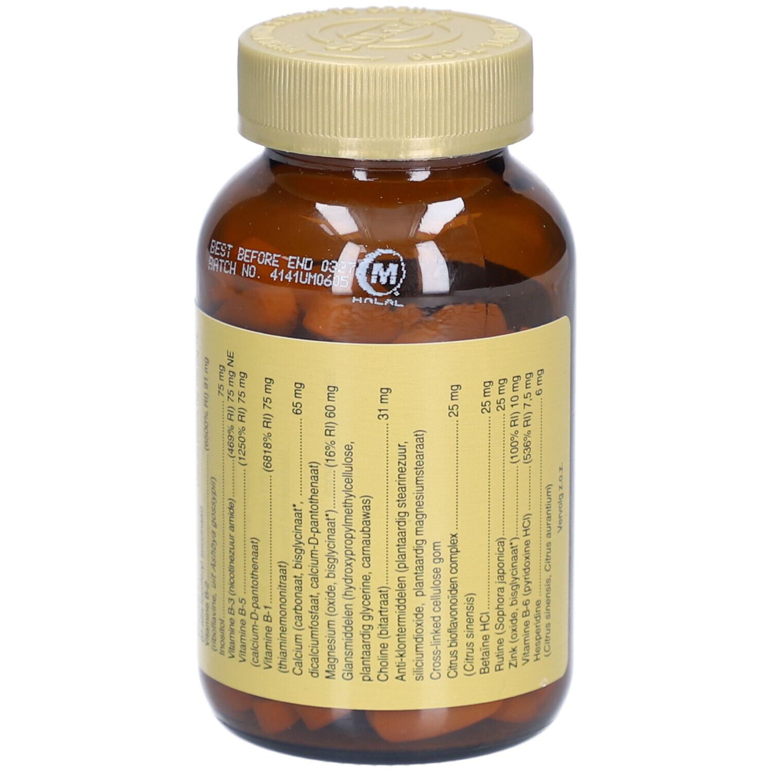 Vista posteriore del flacone di vetro marrone. Etichetta con ingredienti e informazioni nutrizionali. Certificazione Halal.