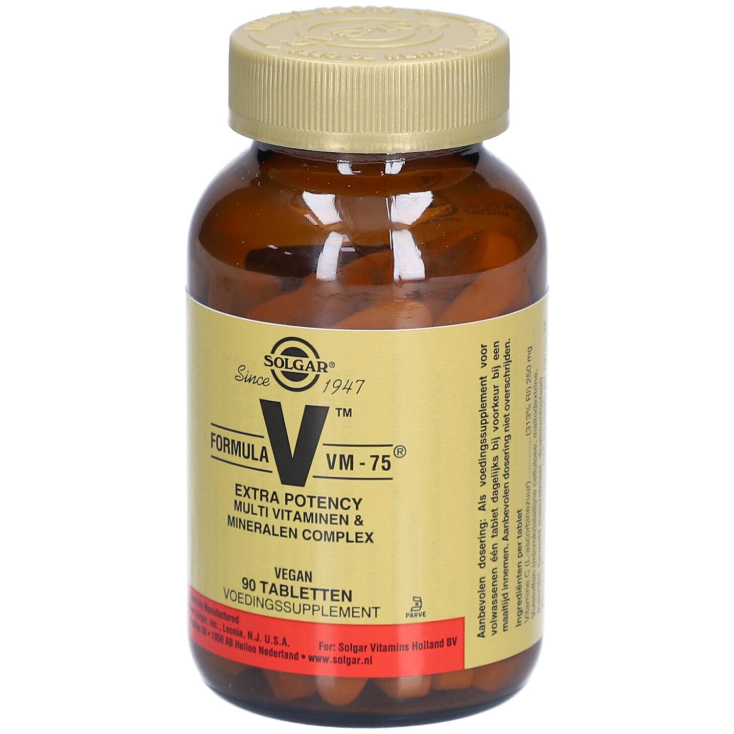 Flacone di vetro marrone con tappo dorato. Etichetta con nome del prodotto, marchio Solgar e informazioni. 90 compresse.