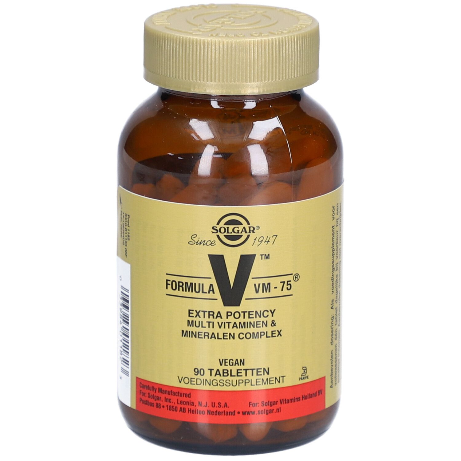 Flacone di vetro marrone con tappo dorato. Etichetta con nome del prodotto, marchio Solgar e informazioni. 90 compresse.