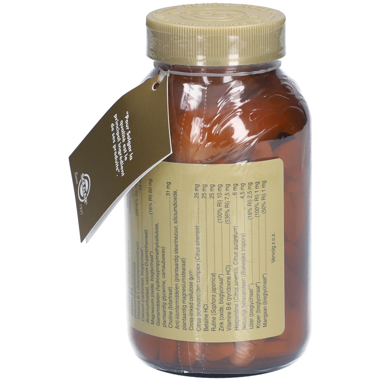 Flacone di vetro marrone con compresse. Etichetta con ingredienti. Cartellino con testo. Vegano.