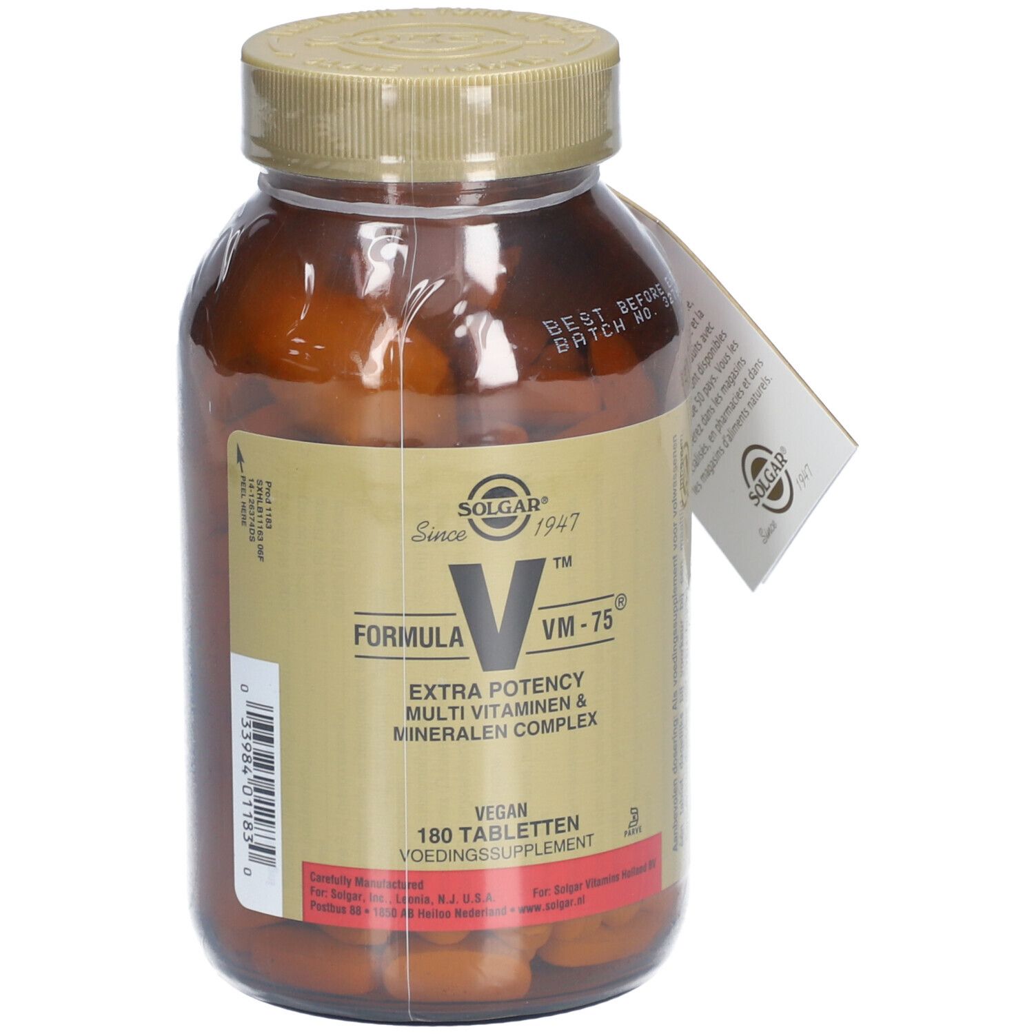 Flacone di vetro marrone Solgar VM-75. Etichetta con informazioni sul prodotto e 180 compresse. Vegano.