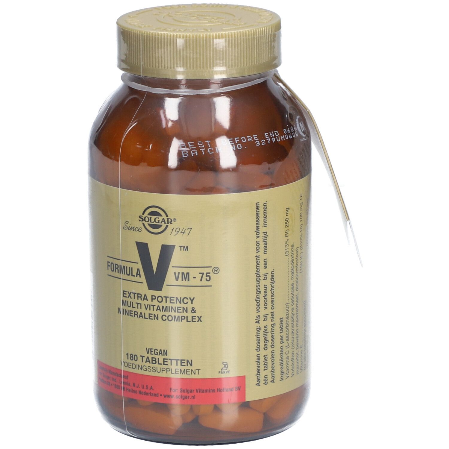Flacone di vetro marrone Solgar VM-75. Etichetta con informazioni sul prodotto e 180 compresse. Vegano.