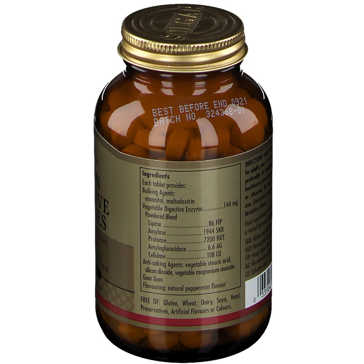 Retro del flacone di vetro marrone. Contiene informazioni sugli ingredienti, inclusi gli enzimi. Testo: "Best Before".