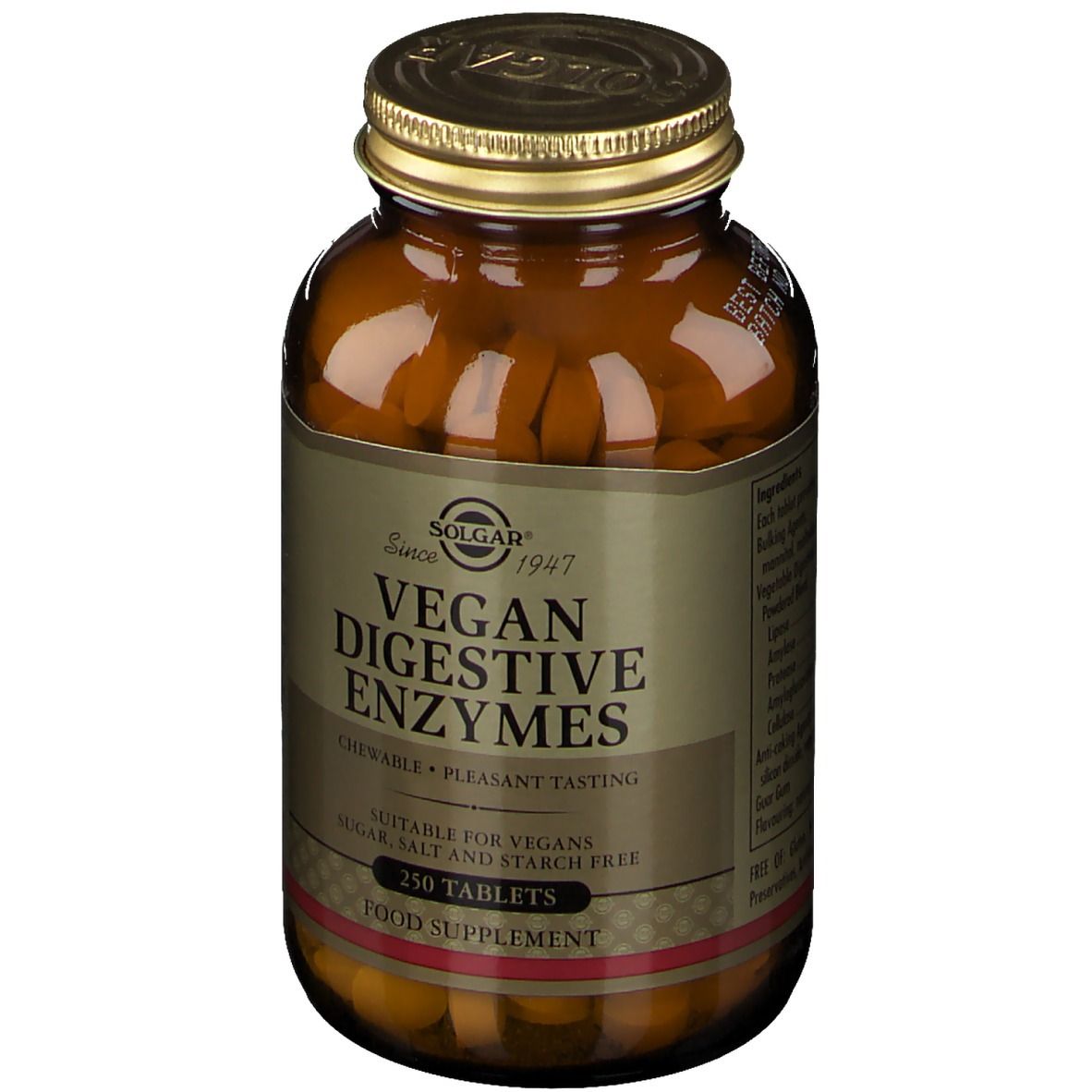 Flacone di vetro marrone con tappo dorato. L'etichetta riporta "Vegan Digestive Enzymes" di Solgar. 250 compresse.