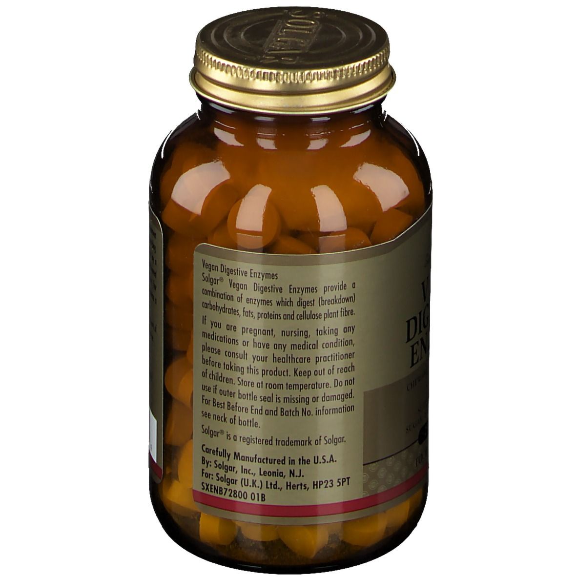 Retro del flacone di vetro marrone. Contiene informazioni sugli enzimi e informazioni sul produttore.