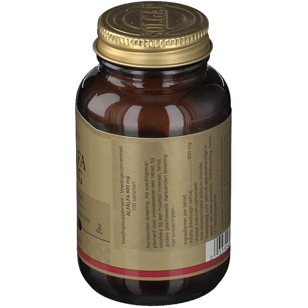 Retro del flacone di vetro marrone. Etichetta con informazioni sul prodotto e ingredienti. Marchio: Solgar. Coperchio dorato.