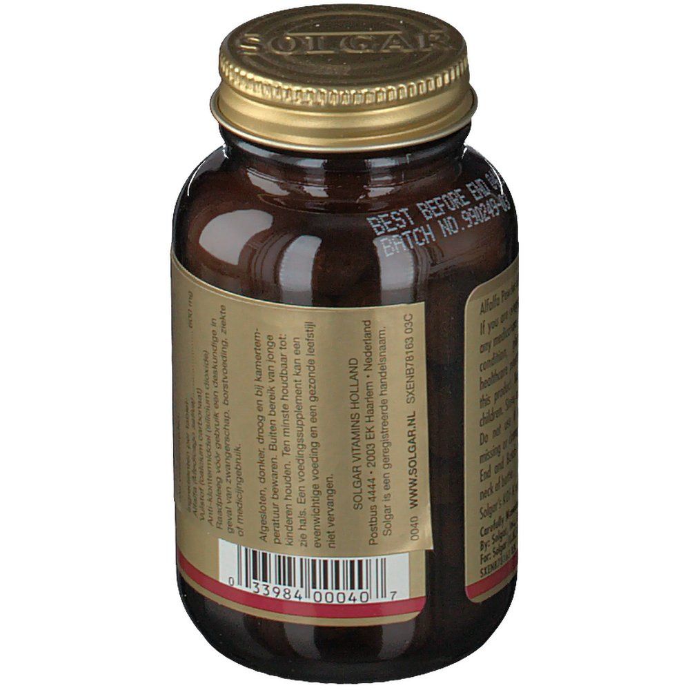 Vista posteriore del flacone di vetro marrone con coperchio dorato. Etichetta con informazioni. Marchio: Solgar. Codice a barre.