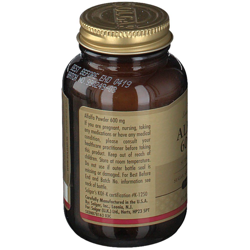 Vista posteriore del flacone di vetro marrone. Etichetta con avvertenze e informazioni. Coperchio dorato. Marchio: Solgar.