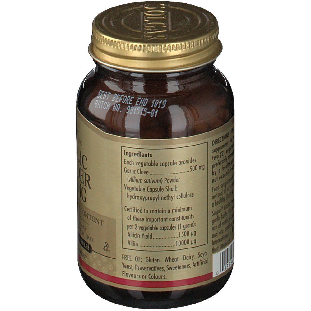 Retro del flacone. Etichetta con ingredienti, tra cui polvere d'aglio. Contiene anche informazioni sugli allergeni.