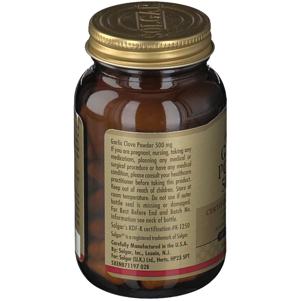 Retro del flacone. Etichetta con avvertenze e informazioni sul marchio Solgar.