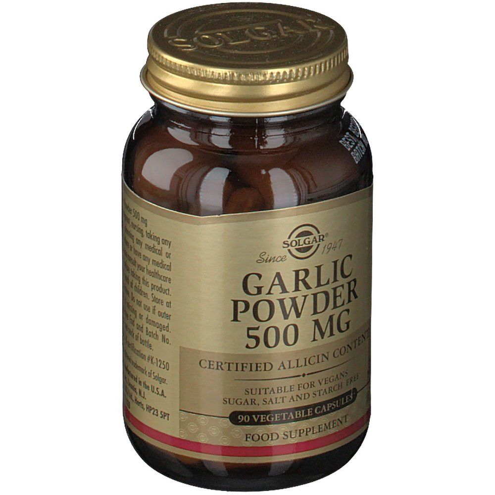 Flacone di vetro marrone con coperchio dorato. Etichetta "Garlic Powder 500 MG" e "90 Vegetable Capsules".