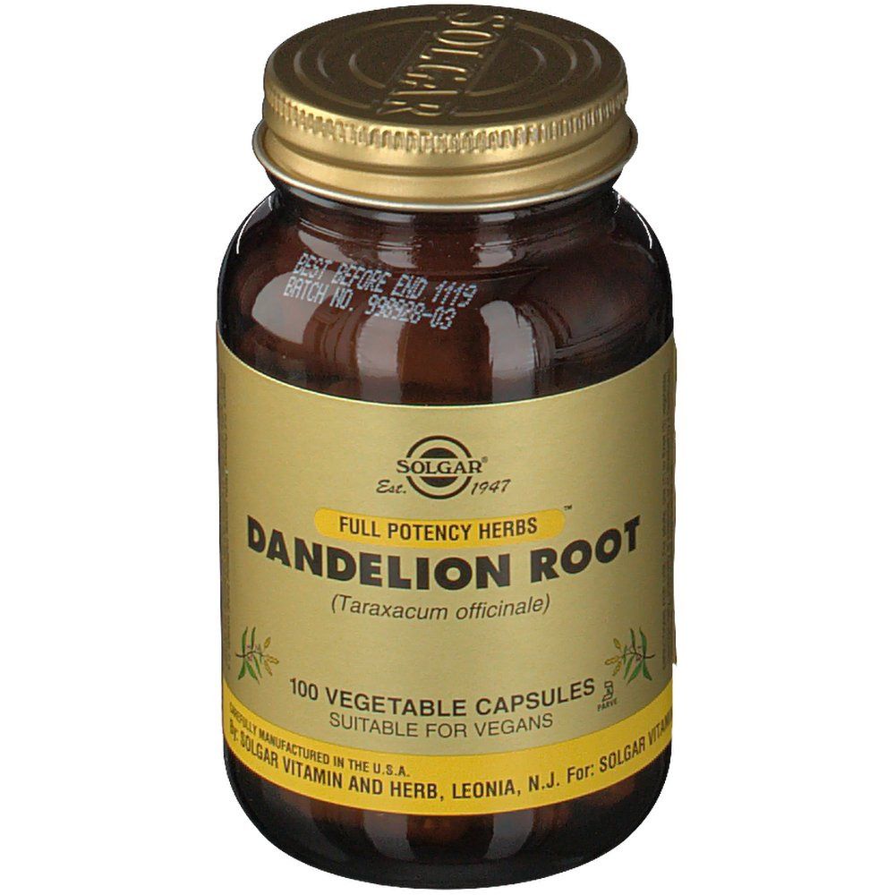 Flacone di vetro marrone con coperchio dorato. Etichetta con informazioni sul prodotto: Dandelion Root, 100 capsule, Solgar.