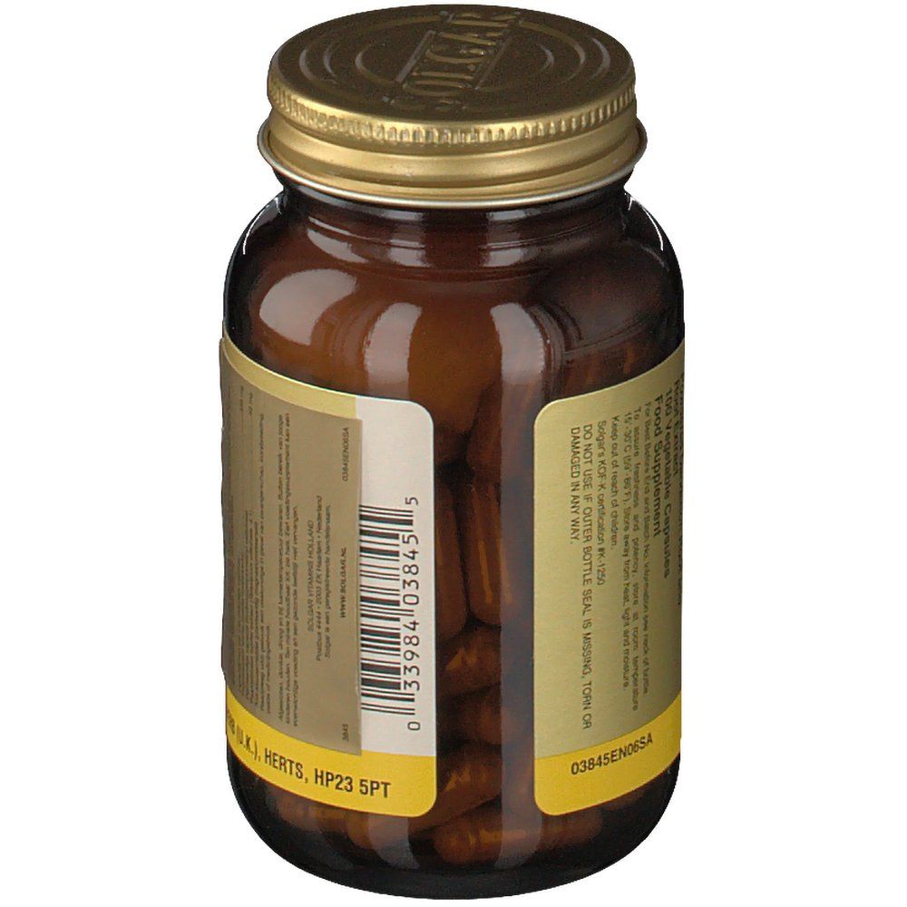 Flacone di vetro marrone con coperchio dorato. Retro con codice a barre e informazioni sul prodotto.