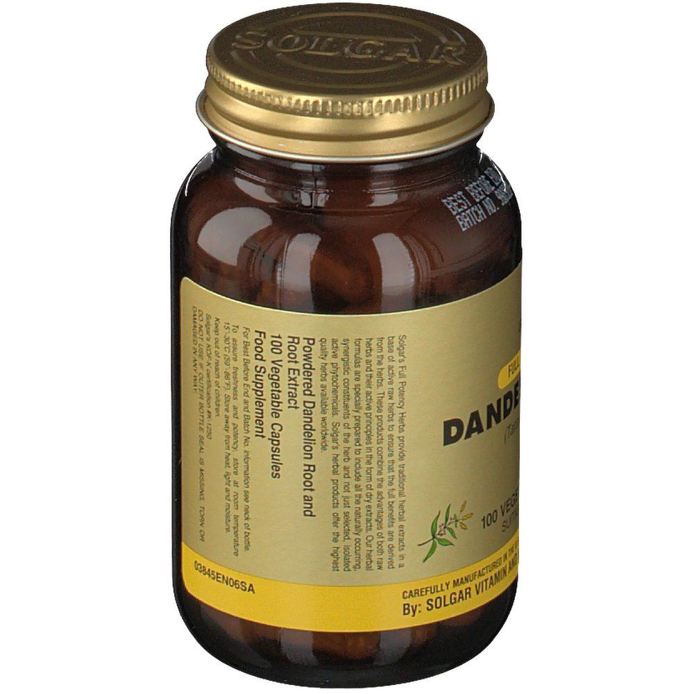 Flacone di vetro marrone con coperchio dorato. Etichetta con informazioni sul prodotto: Dandelion Root, 100 capsule, Solgar.