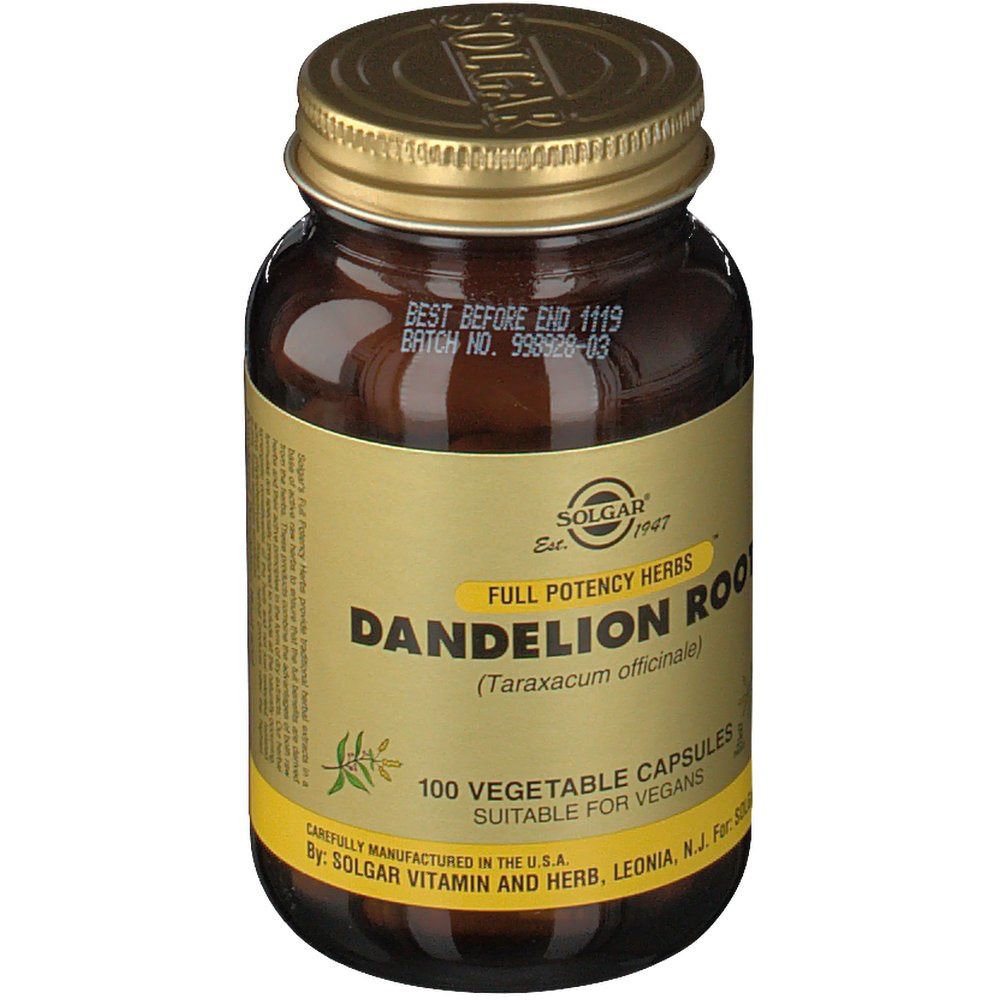 Flacone di vetro marrone con coperchio dorato. Etichetta con informazioni sul prodotto: Dandelion Root, 100 capsule, Solgar.