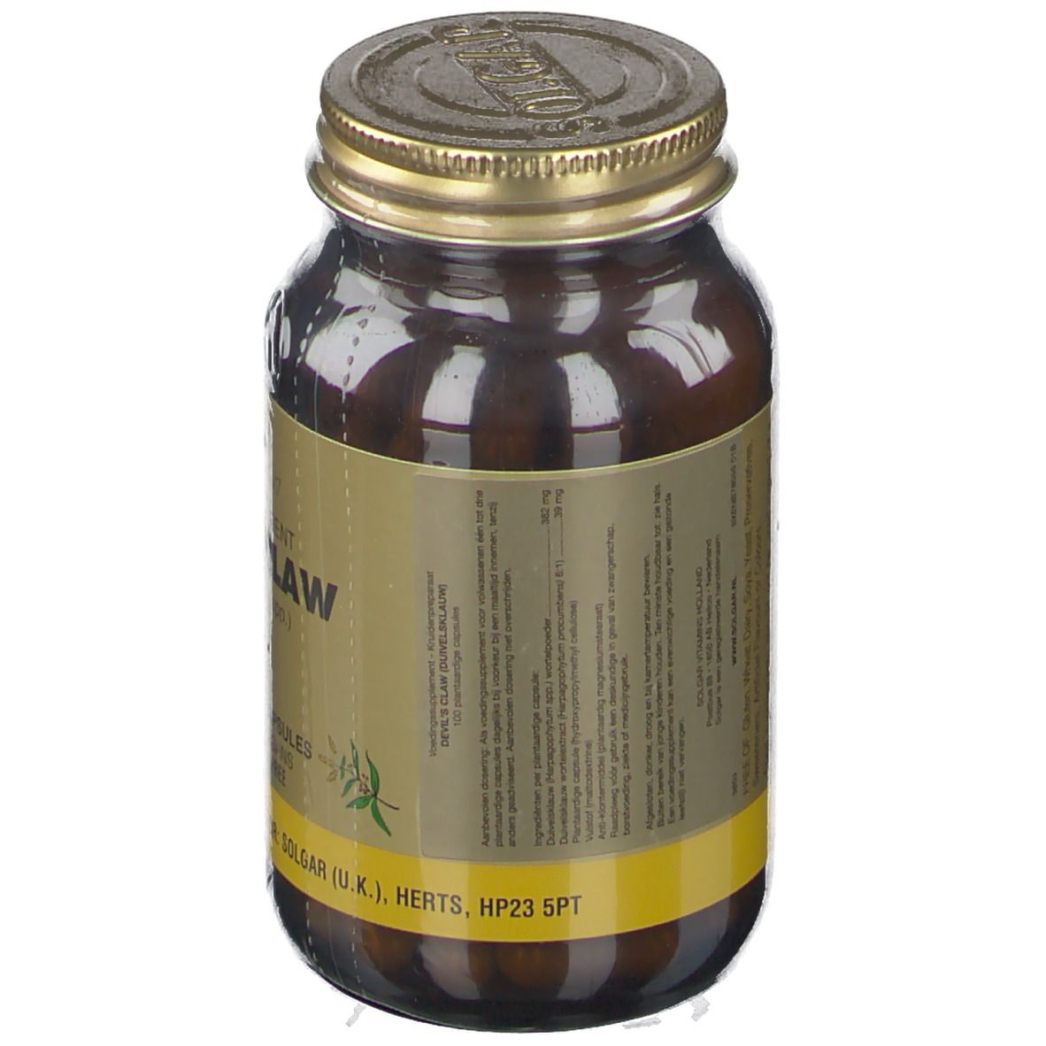 Flacone di vetro marrone con tappo dorato. Etichetta con informazioni. Marchio Solgar. Vista posteriore.